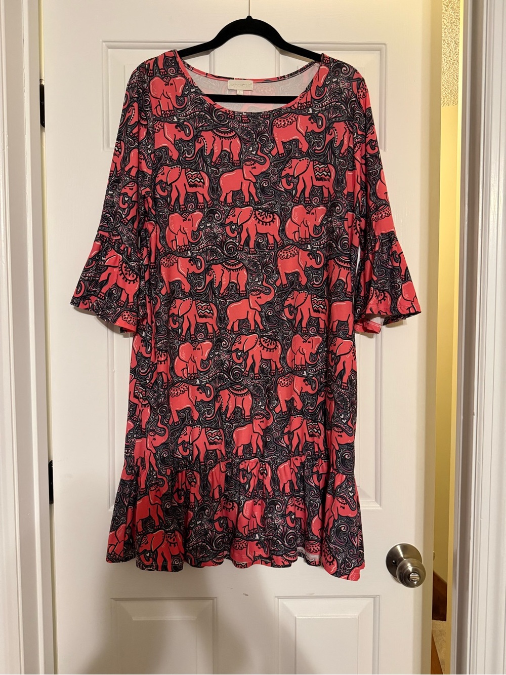 Simply Southern Pink Elephant Paisley Dress Large - Bell Sleeve Ruffle Hem